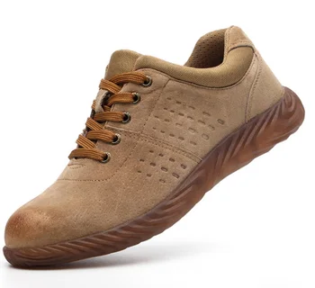 Plus Size 37-46 Men Work Safety Shoes Steel Toe Cow Leather Slip-on Safety Boots Men Breathable Puncture-proof Outdoor Shoes big size men fashion breathable steel toe cap working safety shoes genuine leather slip on tooling boots protection footwear