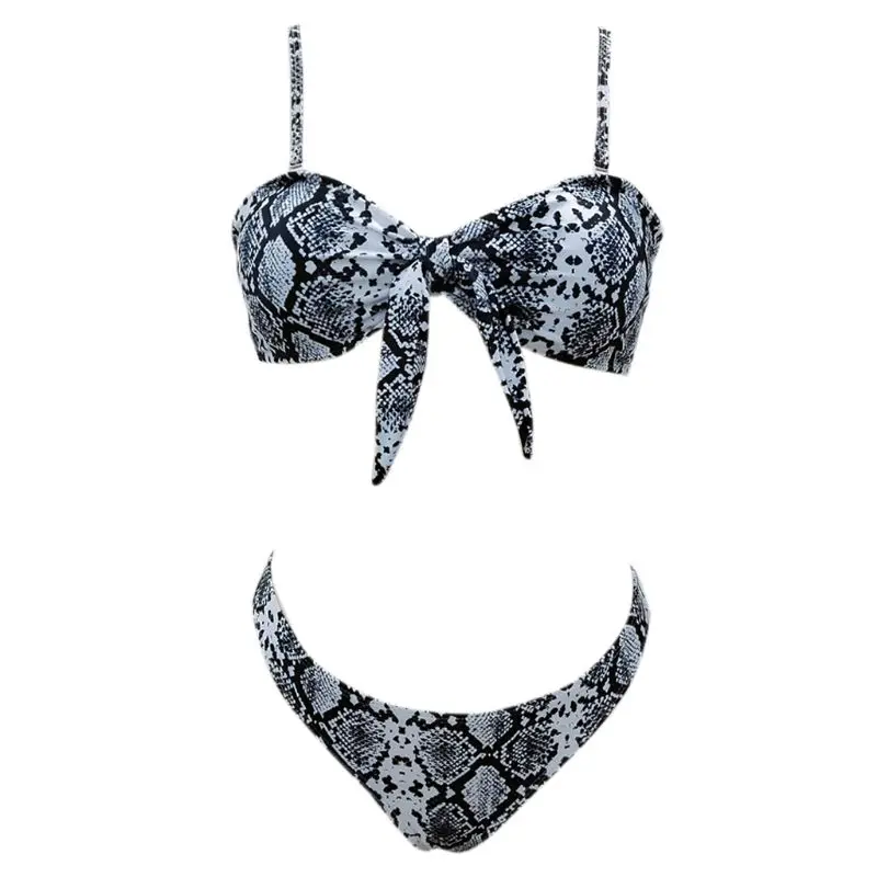

Womens Sexy Two Piece Bikini Set Push Up Tie Knot Front Spaghetti Straps Swimsuit Boho Geometric Snakeskin Digital Printing High