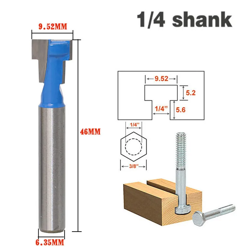 

1pc 6.35mm 1/4" Shank T-Track Slotting & T-Slot 1/4" Hex Bolt Cutter Wood Router Bit 2 Flute Carbide Cutter For Wood