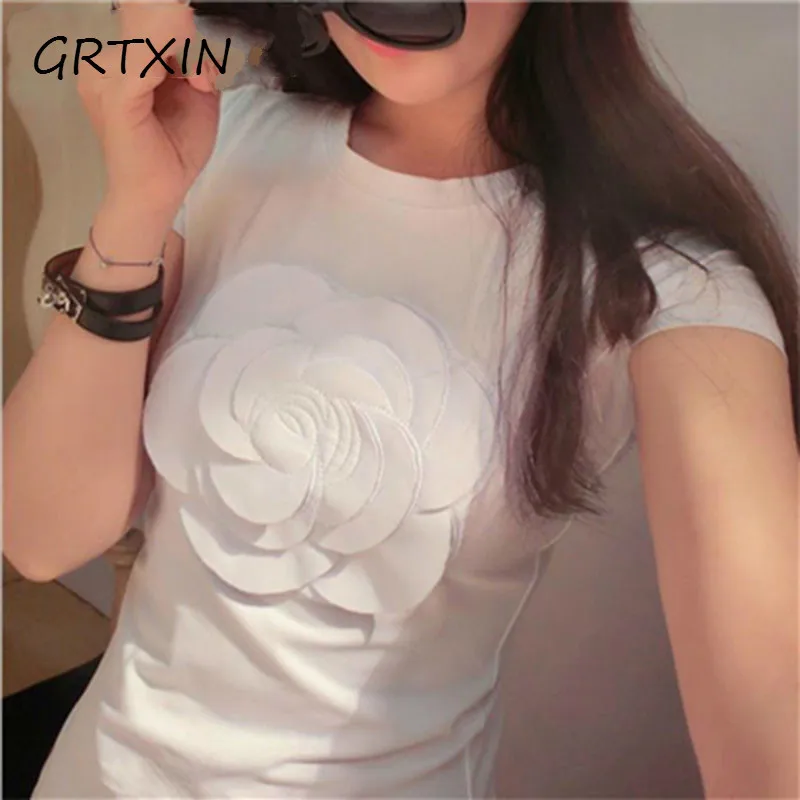 

women summer 3d camellia embroidery luxury T-shirt ladies fashion tops slim casual tee shirts vetement femal
