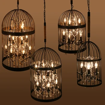 

Retro Lamparas Black Decor American Vintage Industrial Bird Cage Pendant Light With Crystal Ornaments Nordic Birdcage 35/45cm