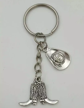 

Western cowboy hat, boots-Fashion jewelry Tibetan silver charm key chain ring Keychain Gifts Fit Key Chain Z80