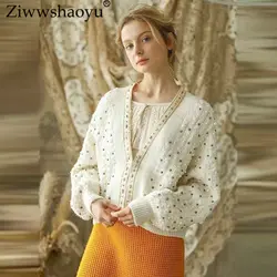 Ziwwshaoyu модные свитера с бисером v-образным вырезом в полоску с пышным рукавом Повседневная кардиганы свитер новые женские