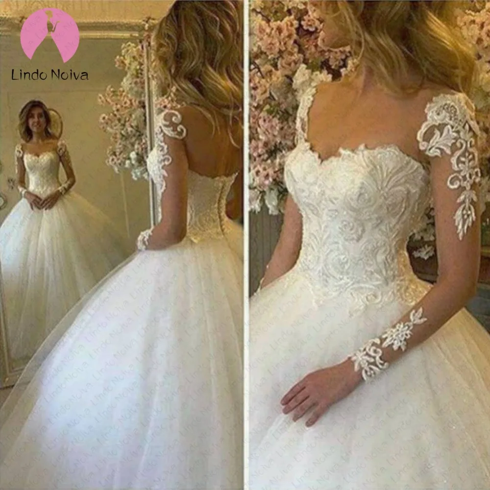 

Robe de Mariage Luxury Lace Princess Ball Gown Wedding Dress 2019 Vestido De Noiva O Neck Long Sleeve Wedding Gowns