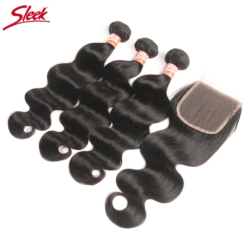

Sleek Hair Indian Body Wave Bundles With Closure Free/Middle/Three Part 4Pcs Non Remy Human Hair Bundles With Lace Closure