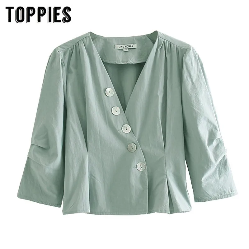 

Green Asymetrical Button Shirts Women Cotton Short Shirts Casual Village Blouses Tops Women 2019