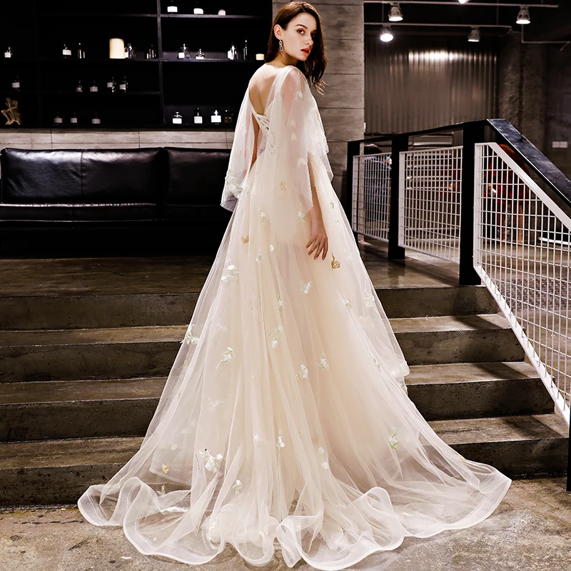 

Small Trailing Lace Up Women Party Dress for Wedding Evening Gowns Cape Sleeve Embroidery Backless Sexy Banquet Costume Vestidos
