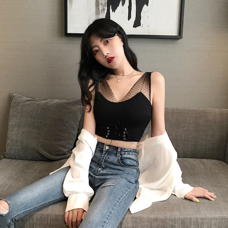 bandag crop top tank tops summer style fashion brand Women's Clothing tees mesh patchwork v-neck sexy club Ladies tops new