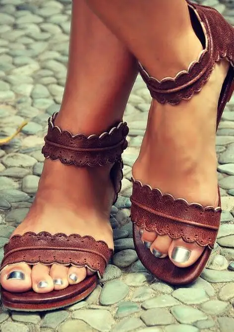 Summer Fashion Retro Brown Leather Women Open Toe Sandals Fretwork ...