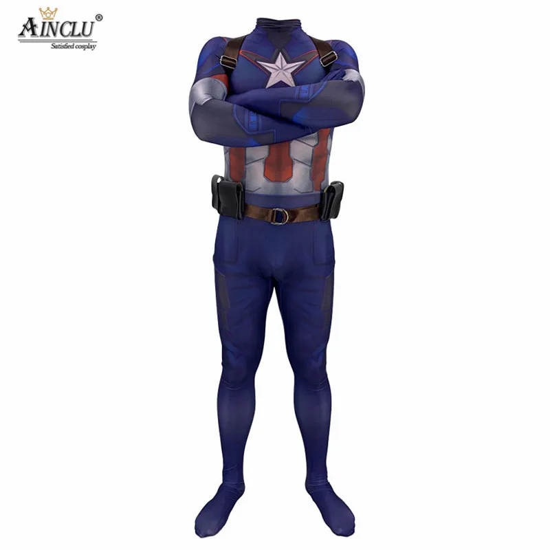 Newest Adults Kids Avengers Endgame Captain America Cosplay Costumes Bodysuits 3D Printed Lycra Zentai Jumpsuits with Belt/Strap