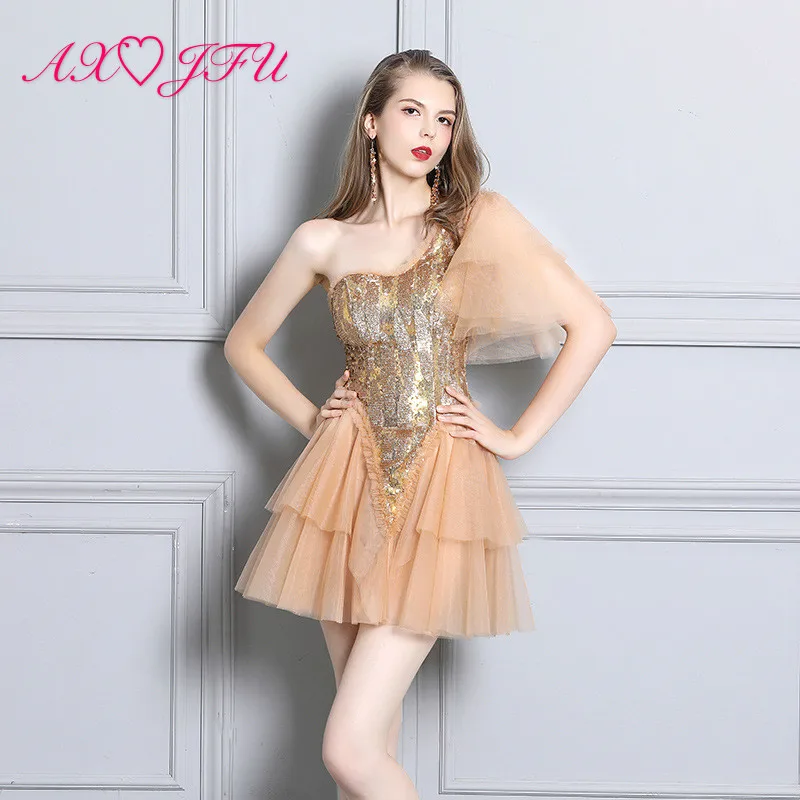 

AXJFU Sexy one shoulder sleeveless illusion stage lace Evening Dress vintage princess beading Sequins lace short evening dress