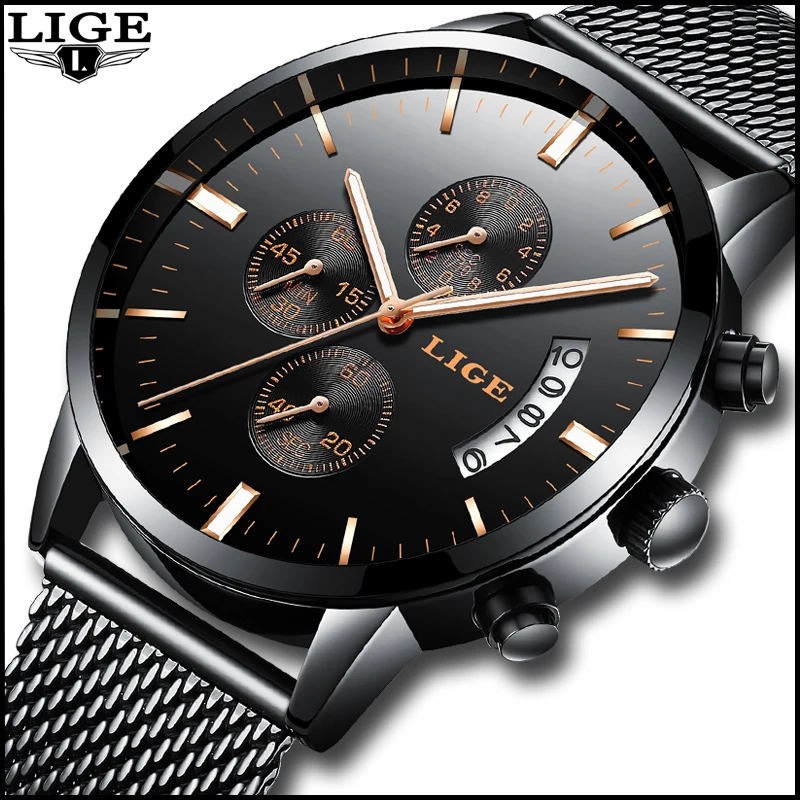 

LIGE Fashion Mens Steel Mesh Strap Business Watches Male Simple Army Military Waterpoor Quartz-watch Gifts Relogio Masculino+Box