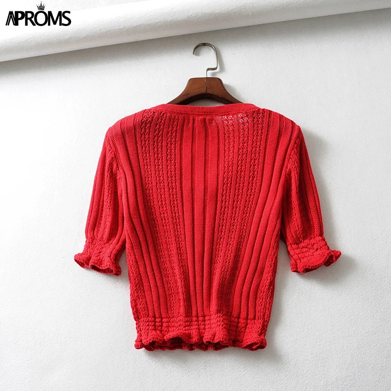 Aproms Elegant V Neck Knitted Elastic Shirts Women Ruffles Short Sleeve Cropped Blouse Female Bodycon Tops 2019