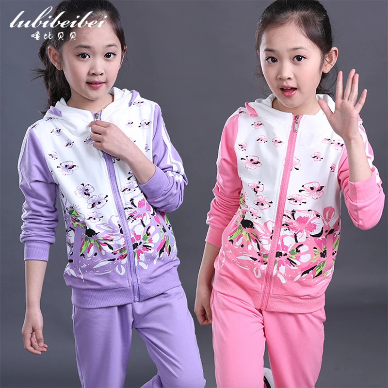 2016 Autumn Girls Clothes Jacket Floral Kids Hoodies+Pants Kids