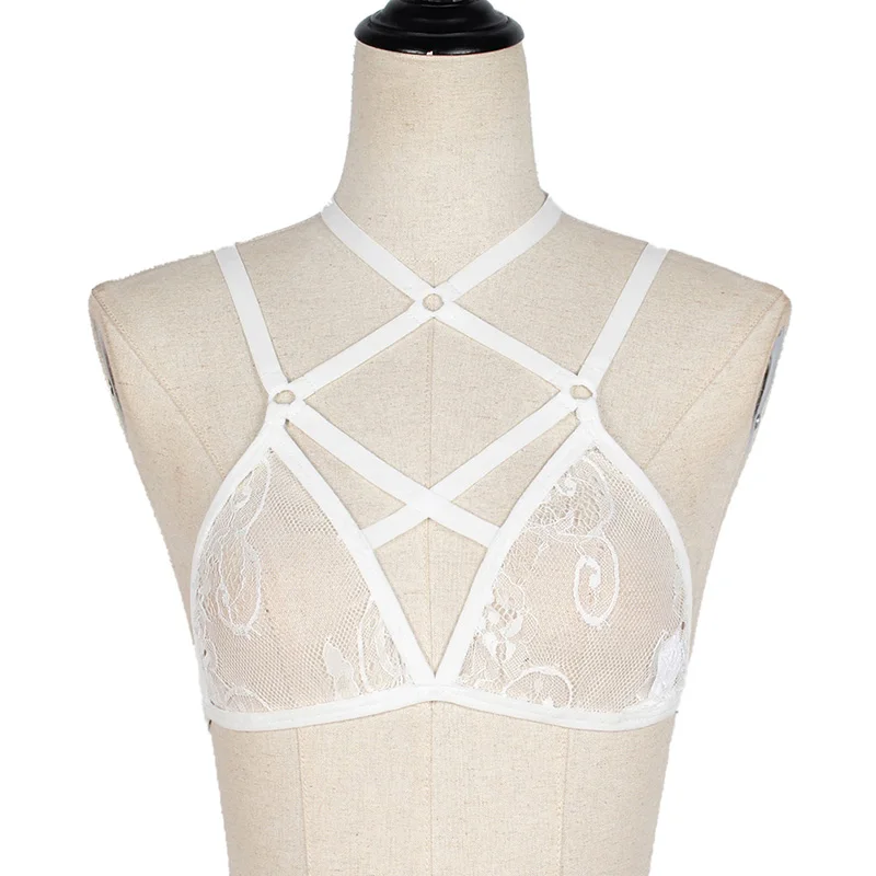 

Sexy Lingerie Bra Translucent Bandage Cross Belt Hollow Deep V Bra Lace Flower Intimates Ladies White Underwear Lace Hollow Bra
