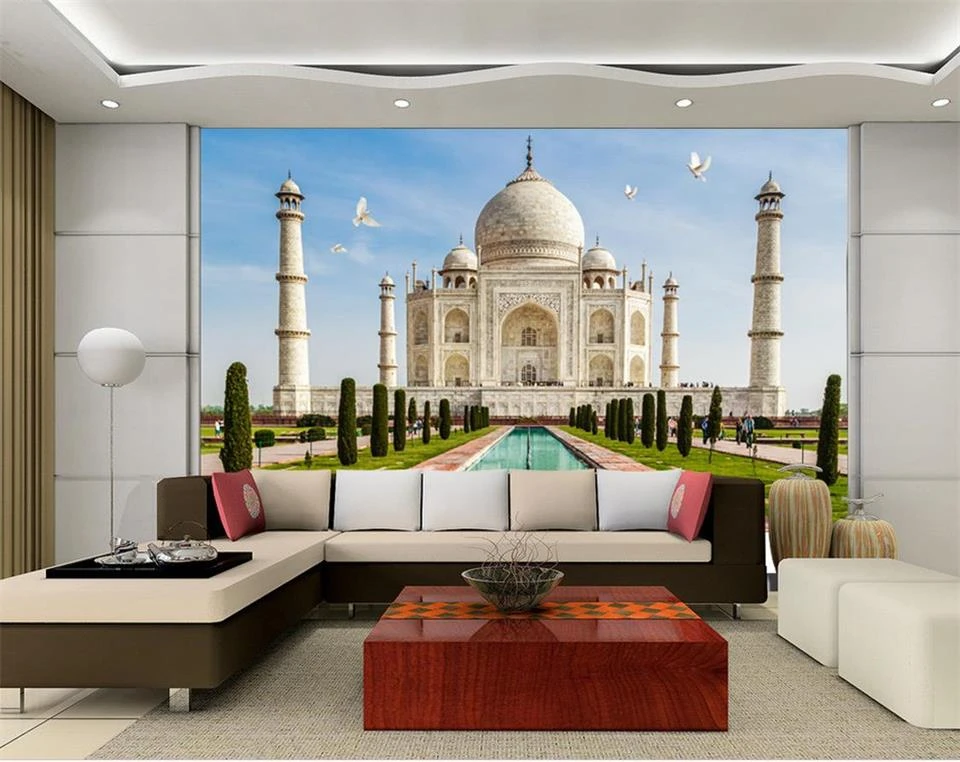 custom 3d photo wallpaper living room mural India Taj Mahal landscape  painting picture sofa TV background non woven wall sticker|Wallpapers| -  AliExpress