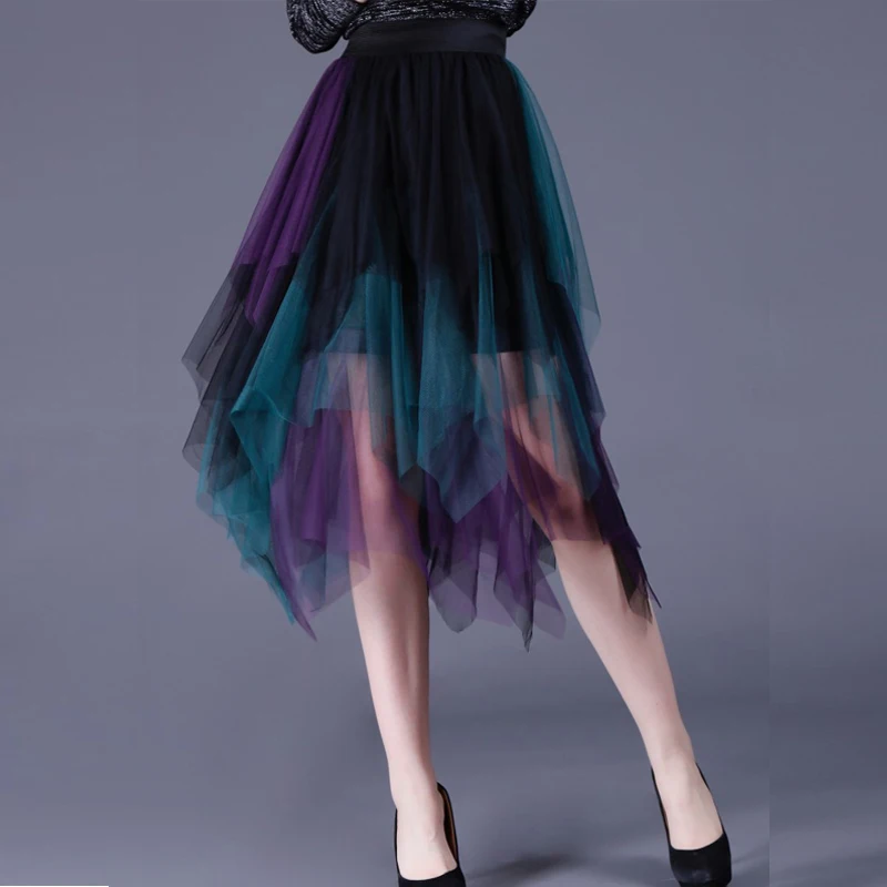 Multi-Layered Colored Mesh Patchwork High Low Long Skirts Summer High Waist Irregular Puffy Tulle Calf Long Pleated Skirt