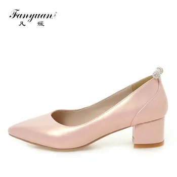 

Plus Size 32-45 Party Shoes Women Basic Pumps Pointed Toe Thick Low Heels Sweet Pumps 2017 Spring Summer Hot Female Bridal Pumps