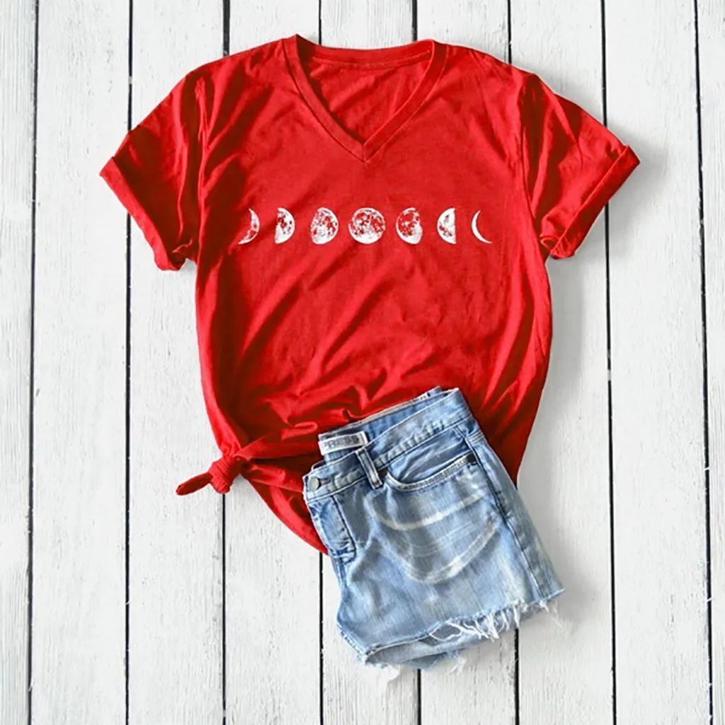 

Fashion Women Print V Neck Short Sleeve T-Shirt Lady Summer Casual Tee Tops
