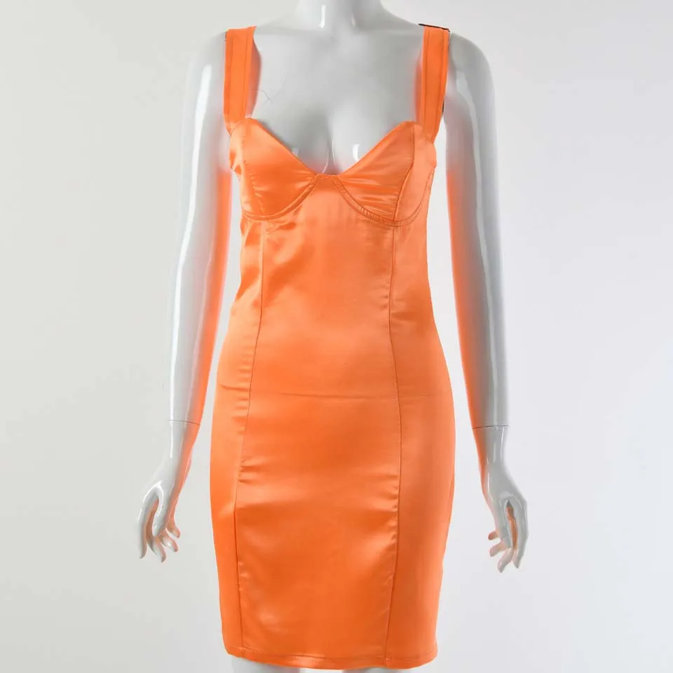 Orange Karlofea, женские атласные мини-платья, летняя верхняя одежда на бретелях, сексуальная одежда с низким вырезом, облегающее Клубное платье для вечеринки, новое Повседневное платье на выход - Цвет: Orange