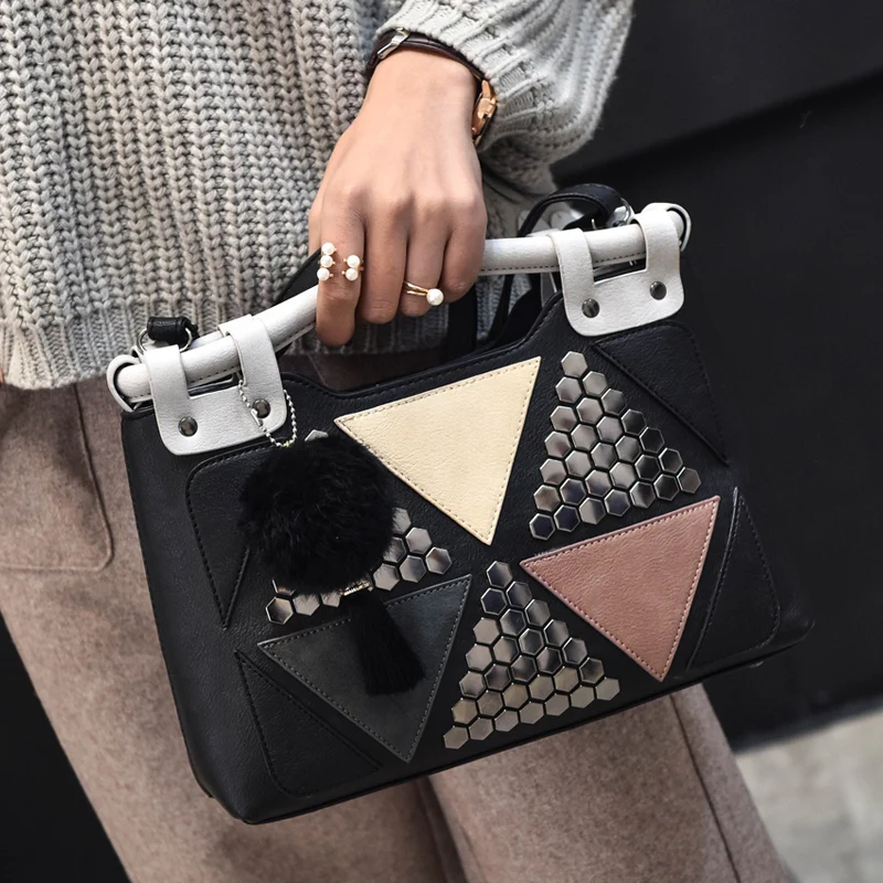 

Women PU Leather Triangle Patchwork Rivet Shoulder Bag Office Handbag Ladies Fur Ball Tote Bags Top-Handle Bag