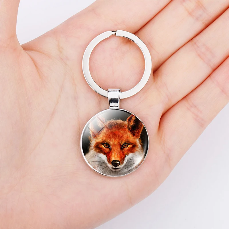 Red Fox Keychain Pendant Wildlife Jewelry Art Woodland Nature Glass Dome Pendant Keychain Silver