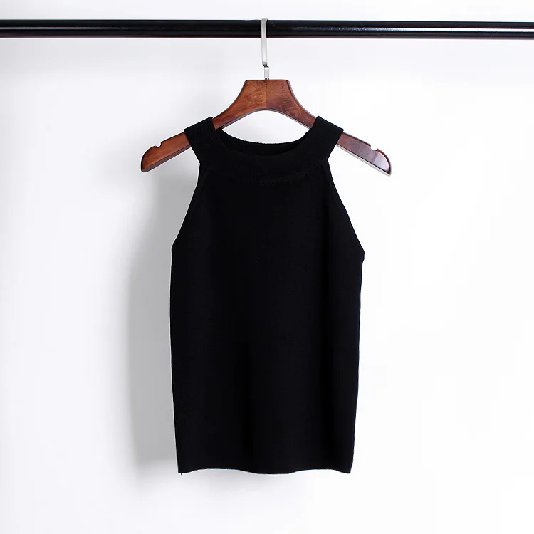 Summer Women Slim Knitting Halter Camisole Tops Female Bodycon Knitted Tanks Sleeveless Basic Solid T shirts 8017 black camisole