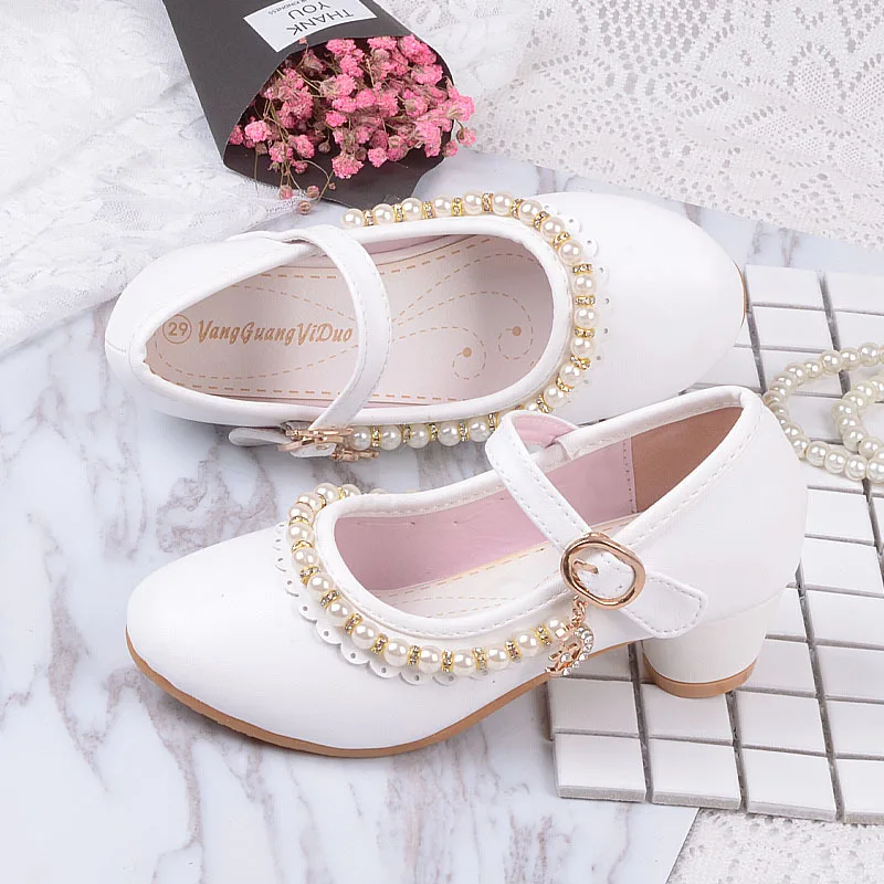 Детская обувь для девочек; детская кожаная обувь на высоком каблуке; розовые и белые танцевальные туфли принцессы с жемчужинами и бусинами; вечерние свадебные туфли для девочек; CSH827