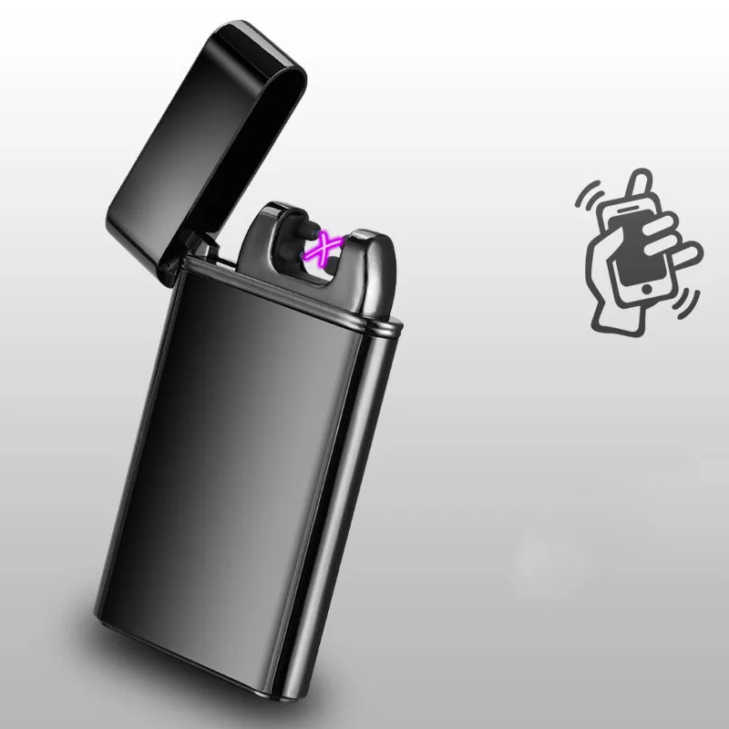 

2019 New Double Arc Shaking Ignition Lighter USB Charging Pulse Lighter Ultra-Thin Metal Windproof Electronic Cigarette Lighter