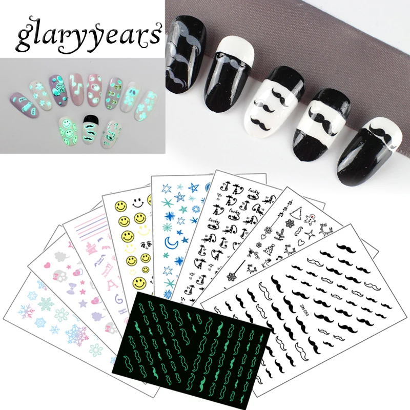 1 лист светящихся наклеек для ногтей glaryyears SN водостойкие Мультяшные детали