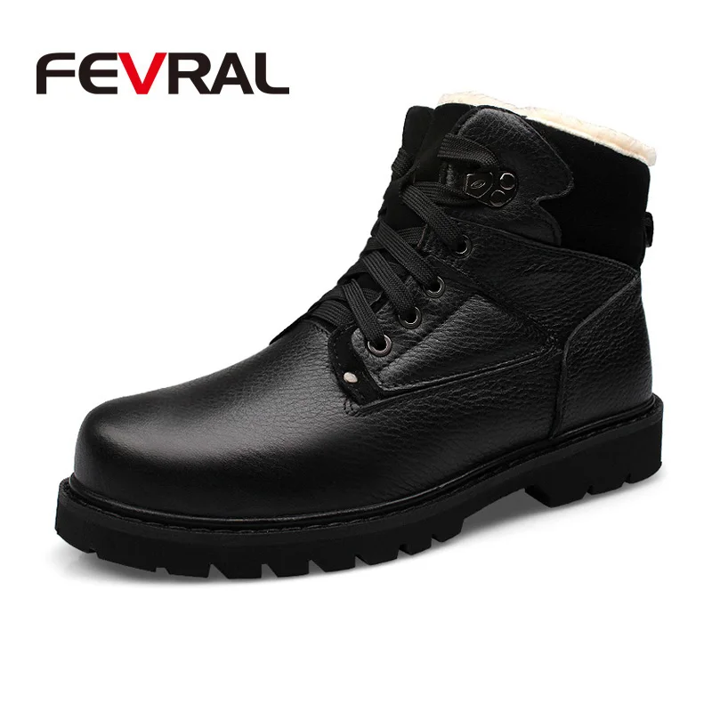 FEVRAL Men Boots Winter With Fur Warm Snow Boots Genuine Leather Casual Work Boots Men Footwear Fashion Ankle Boots 37~48 - Цвет: Black