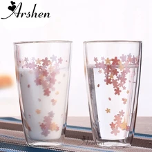 Arshen вишневые цветы 350 мл двойные стенки стеклянные прозрачные ручной работы Термостойкие чашки для питья здоровый напиток кружка кофейный стакан