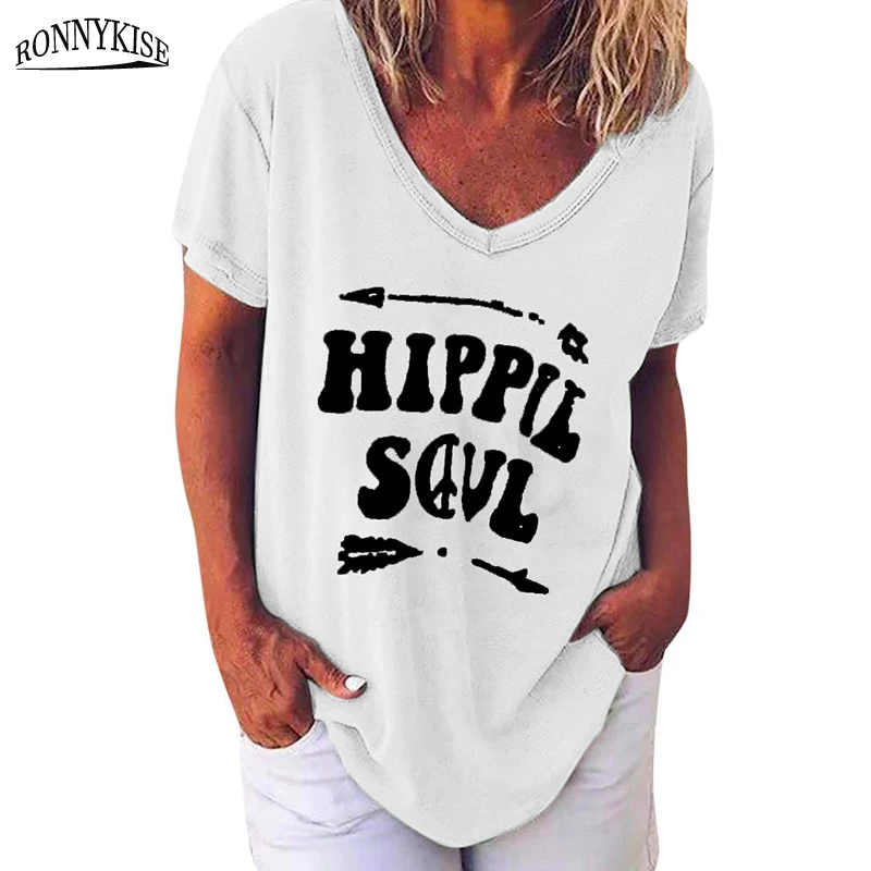 

RONNYKISE Letter Print T-shirts Women Fashion Plus Size Short Sleeve V-neck Cotton Tops Summer Autumn Casual Shirts