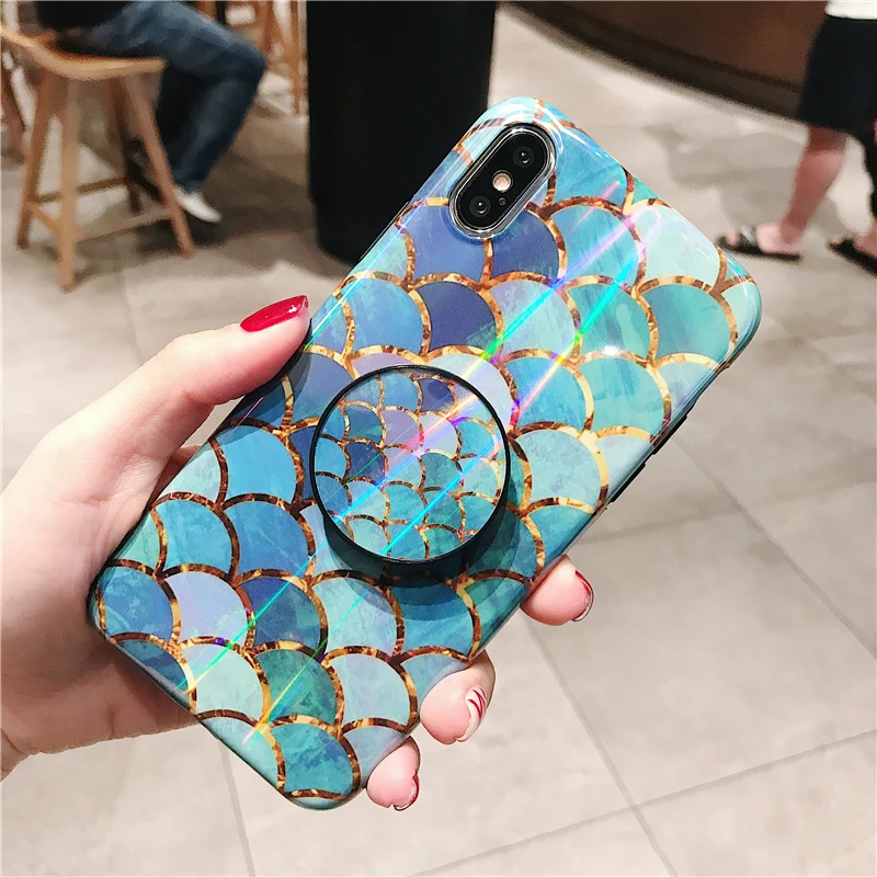 Shiny mermaid scales laser phone cases for iphone 7 8 X XR XS Max 6 S 6s 7 8 plus Ring air bag Stand holder Grip case back cover (2)