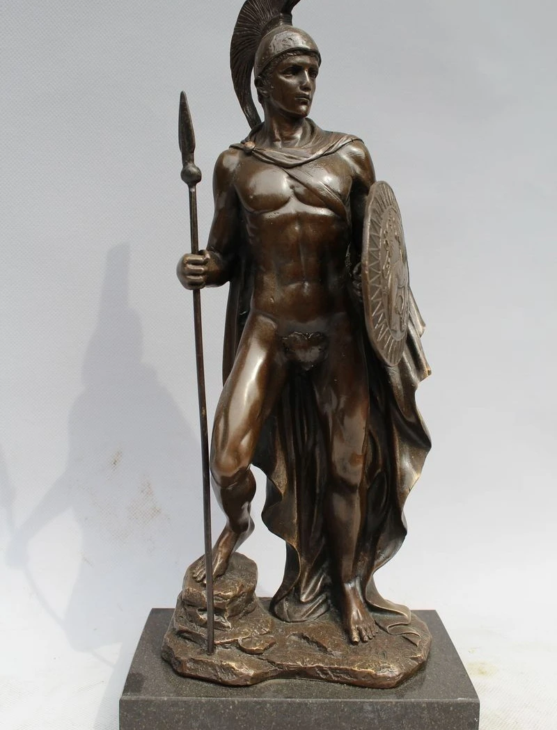 

13"Western Art sculpture Pure Bronze Marble Roman Warrior Statue