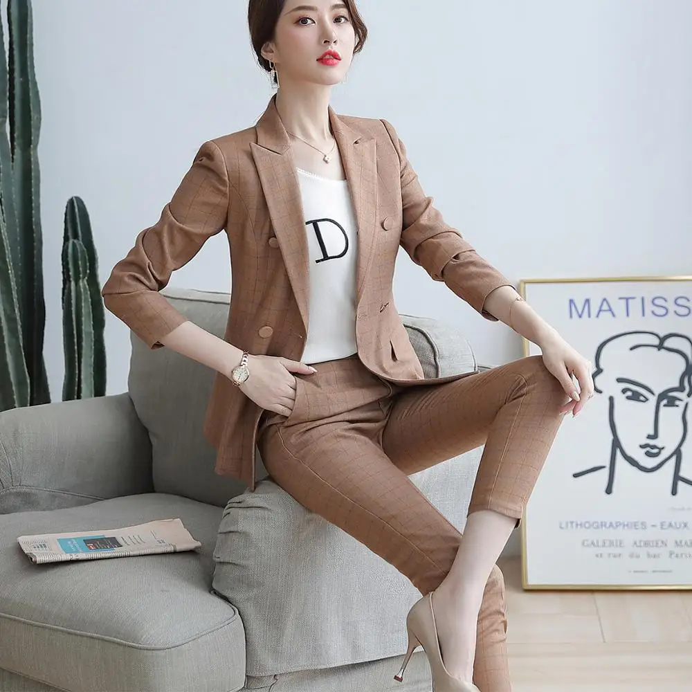 Women Pant Suit Two Pieces Set Size S-5XL Pink Brown Plaid Jacket Blazer With Plaid Trouser Sets Casual Fashion Suits