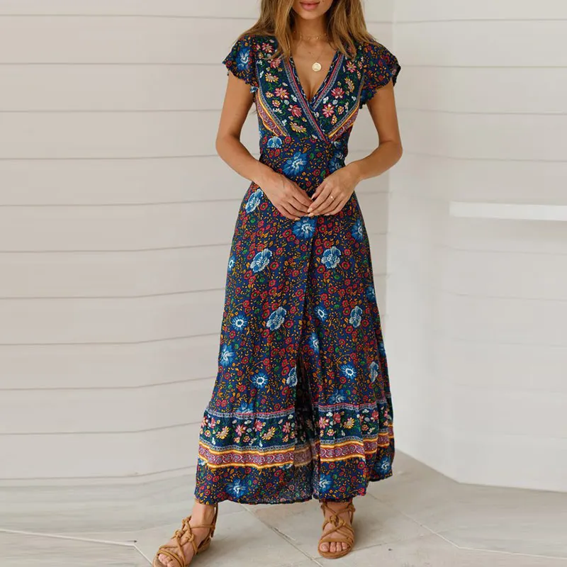 

Women V Neck Dress Bohemia Printed Short Sleeves Long Hem Dress for Summer IK88