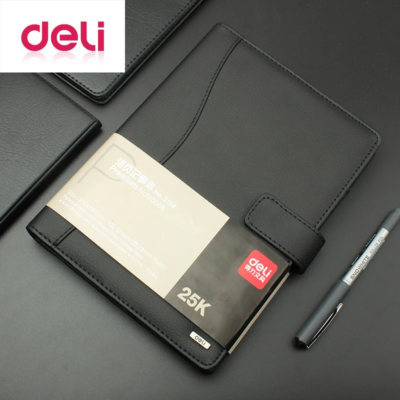 Deli 1pcs leather notebook high quality business meeting diary book with a gel pen black stationery thick notebook 3164