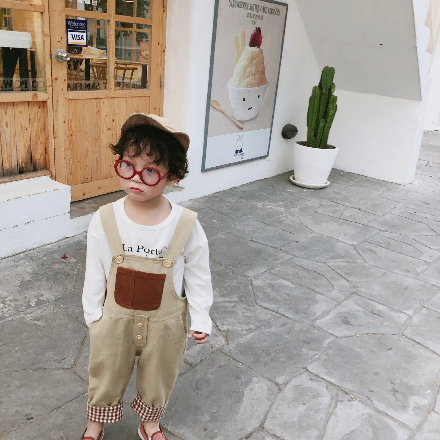 

Spring boys girls fashion plaid patchwork suspender trousers 2019 children cotton big pockets overalls kids trousers with braces