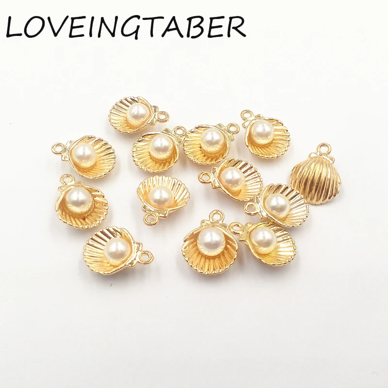 

Wholesale 13mm*12mm 30pcs/lot Gold Seashell With Pearl Small Charm Pendants