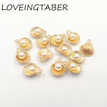 

Wholesale 13mm*12mm 30pcs/lot Gold Seashell With Pearl Small Charm Pendants