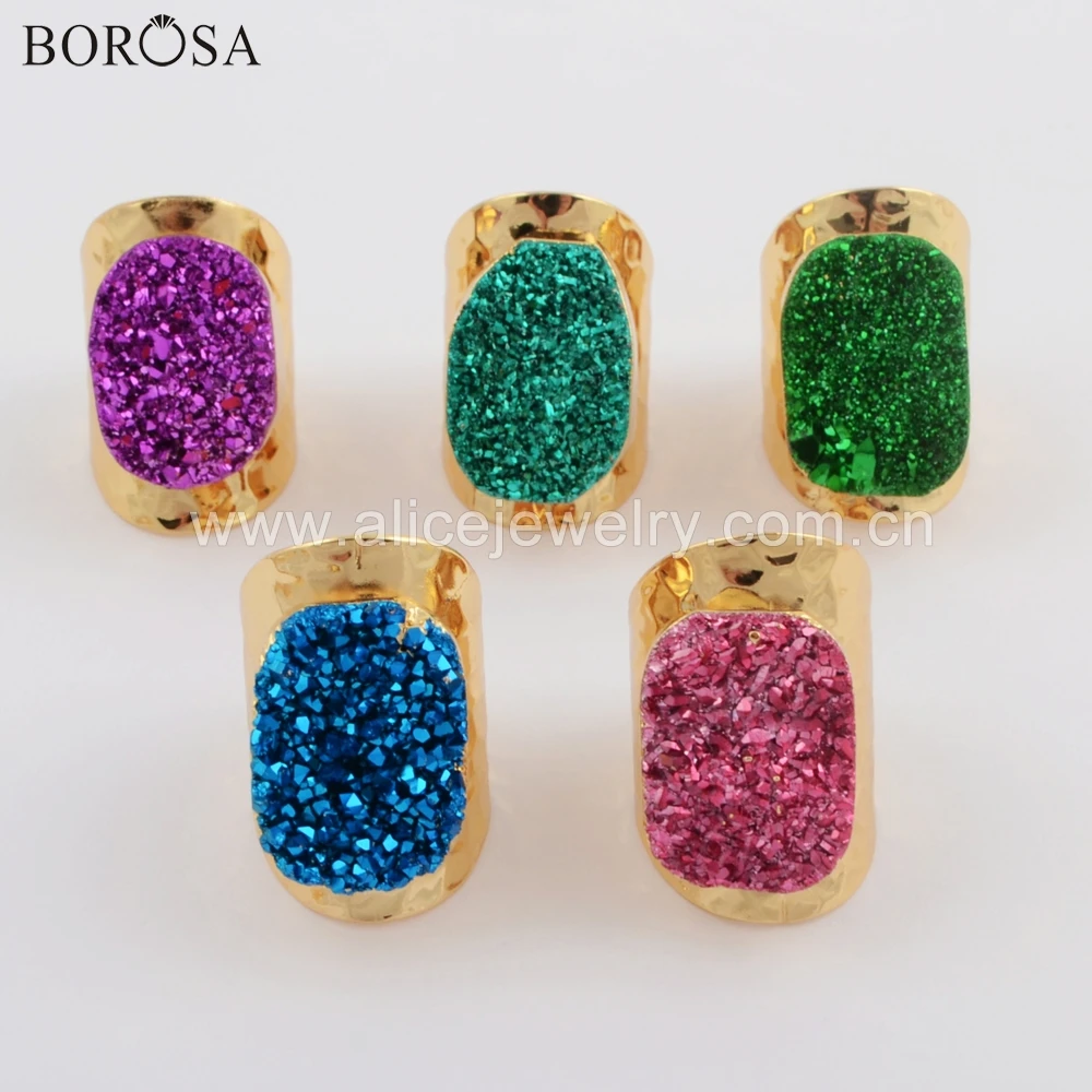 

BOROSA 5PCS Gold Color Natural Agates Titanium Rainbow Druzy Ring Colorful Electroplated Drusy Rings for Gilrs G1737