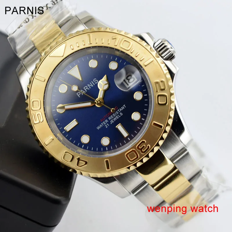 

Parnis watch man automatic 40mm Ceramic golden Bezel Blue Dial Sapphire Miyota 8215 movement ww2483