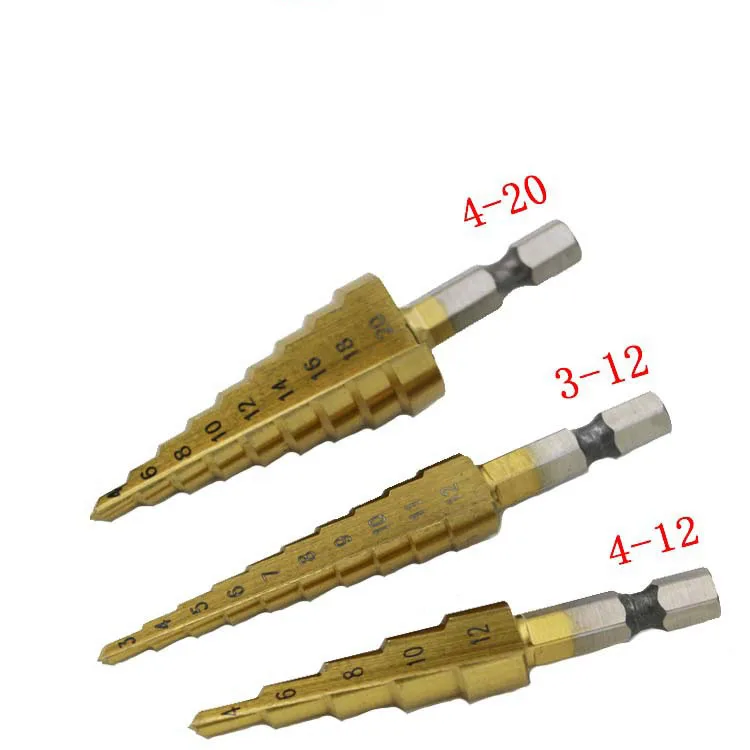 3 шт. Hss Стальные титановые ступенчатые сверла 3-12 мм 4-12 мм 4-20 мм шаг конус режущие инструменты сталь Деревообработка Сверление дерева набор