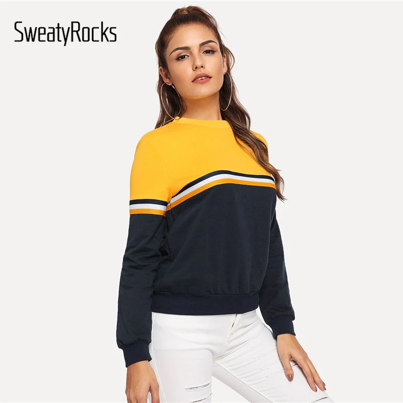SweatyRocks مخطط شريط منسوج التفاصيل اثنين من لهجة البلوز المرأة عارضة خليط س الرقبة طويلة الأكمام 2018 الخريف النشطة البلوفرات SweatyRocks مخطط شريط منسوج التفاصيل اثنين من لهجة البلوز المرأة عارضة خليط س الرقبة طويلة الأكمام 2018 الخريف النشطة البلوفرات