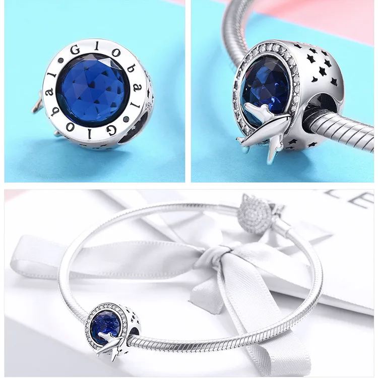 Fit Pandora браслет серебро 925 синяя эмаль земля подвеска в виде самолета S925 мир путешествия путешествие пилот истребитель бисер