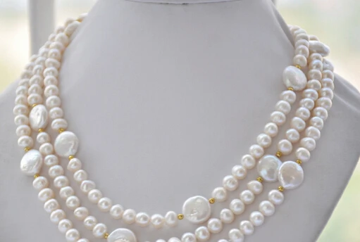 

FREE SHIPPING>>>@@ AS3145 8mm round 14mm coin white freshwater pearl necklace 60inch