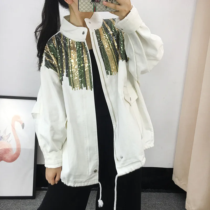 

Spring Autumn Denim Jackets Women Casual Camouflage Sequins Jeans Coats Female Harajuku Tooling Oversize Outwear Black White