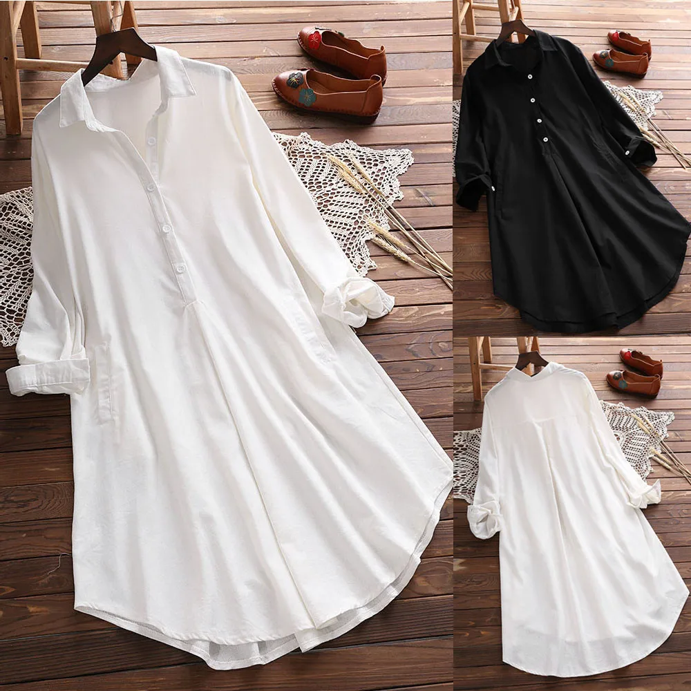 

Women's Polyester Long Sleeve Plus Size Loose Button Casual Turn-down Collar Solid Pocket Button Tops Shirt Blouse