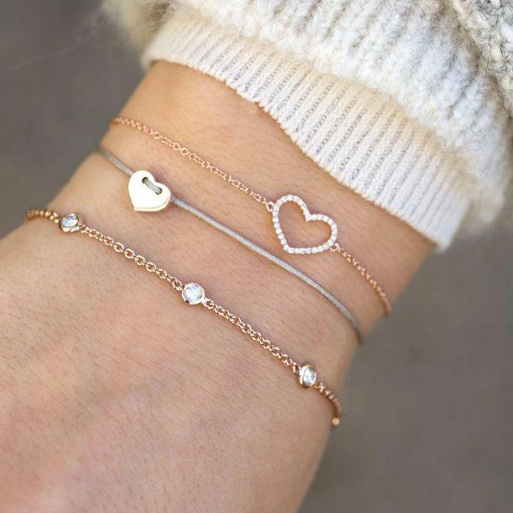 

3 Pcs/set Bohemian Simple Bangle Hollow Heart Crystal Leather Geometric Gold Bracelet Set Female Charm Party Jewelry Accessories